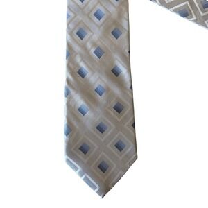 Antonio Fellini Mens Silk Tie Silver Blue Geometric Diamond Pattern Handmade 4"